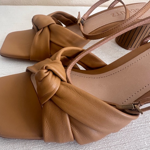 New Schutz Mindy Caramel Leather Knot Ankle Strap Bamboo Heel Sandals Women’s 6B - Picture 8 of 15